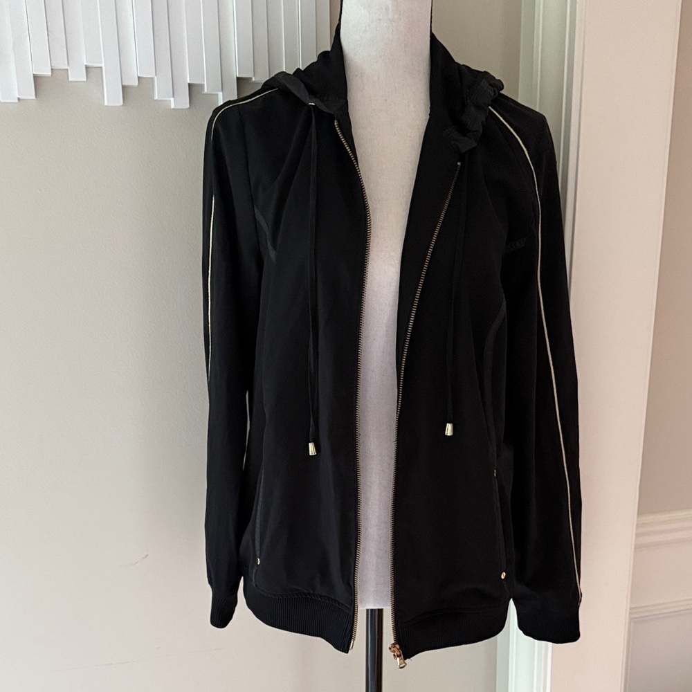 Zenergy by Chico’s Black Zip Up Hoodie Jacket Size 2 Gold Trim Athleisure
